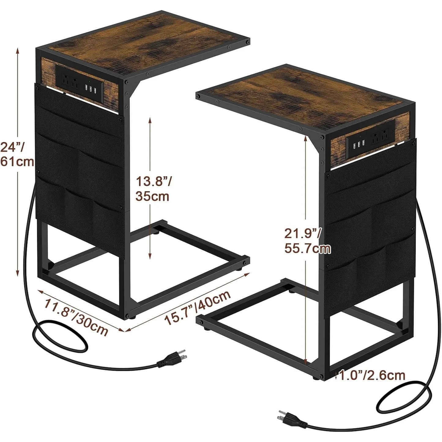 C Shaped End Table With USB Charging And Metal Frame