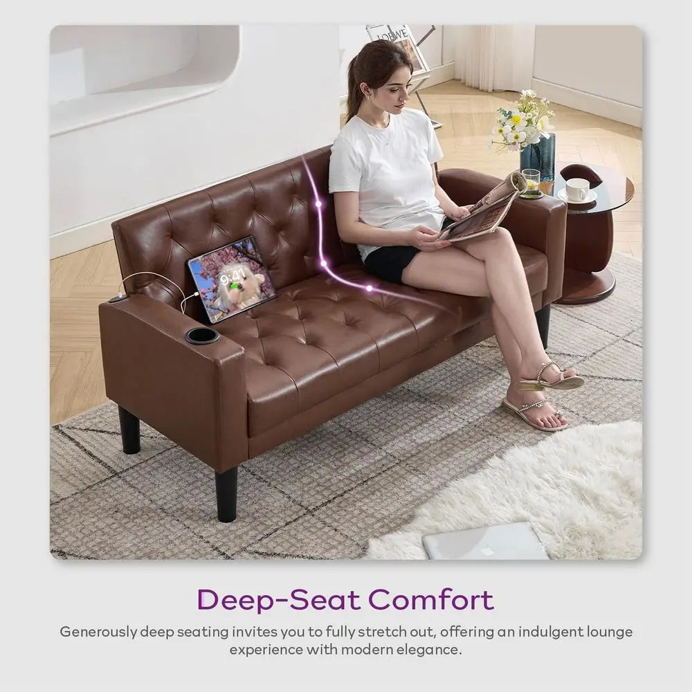 Leather Loveseat With USB Ports And Cupholders Mid Century Modern
