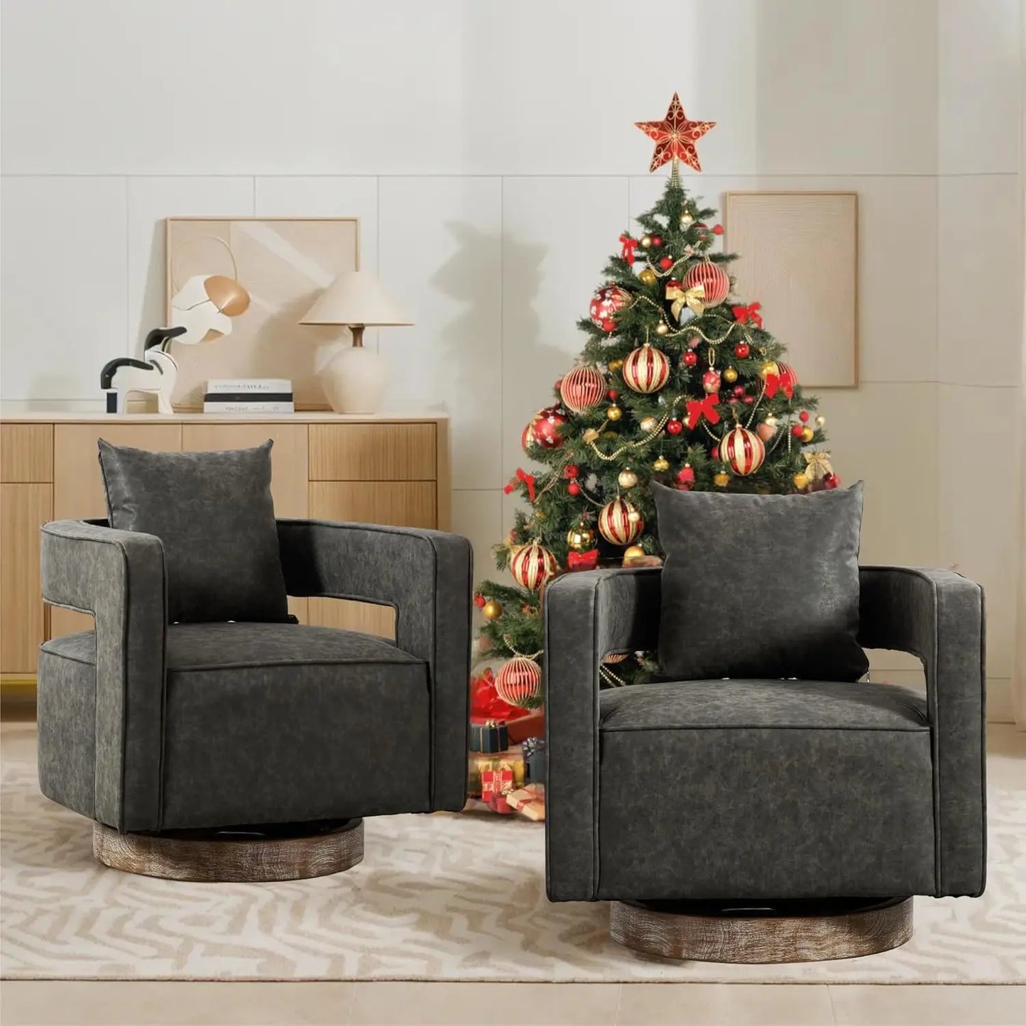 Upholstered Swivel Accent Barrel Chair Set Two Linen Open Back