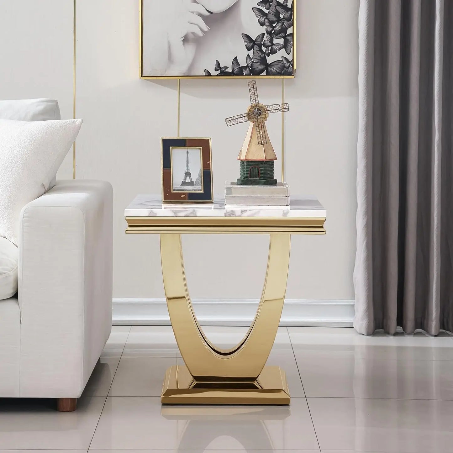 Modern Marble End Table With U Shaped Stainless Steel Base