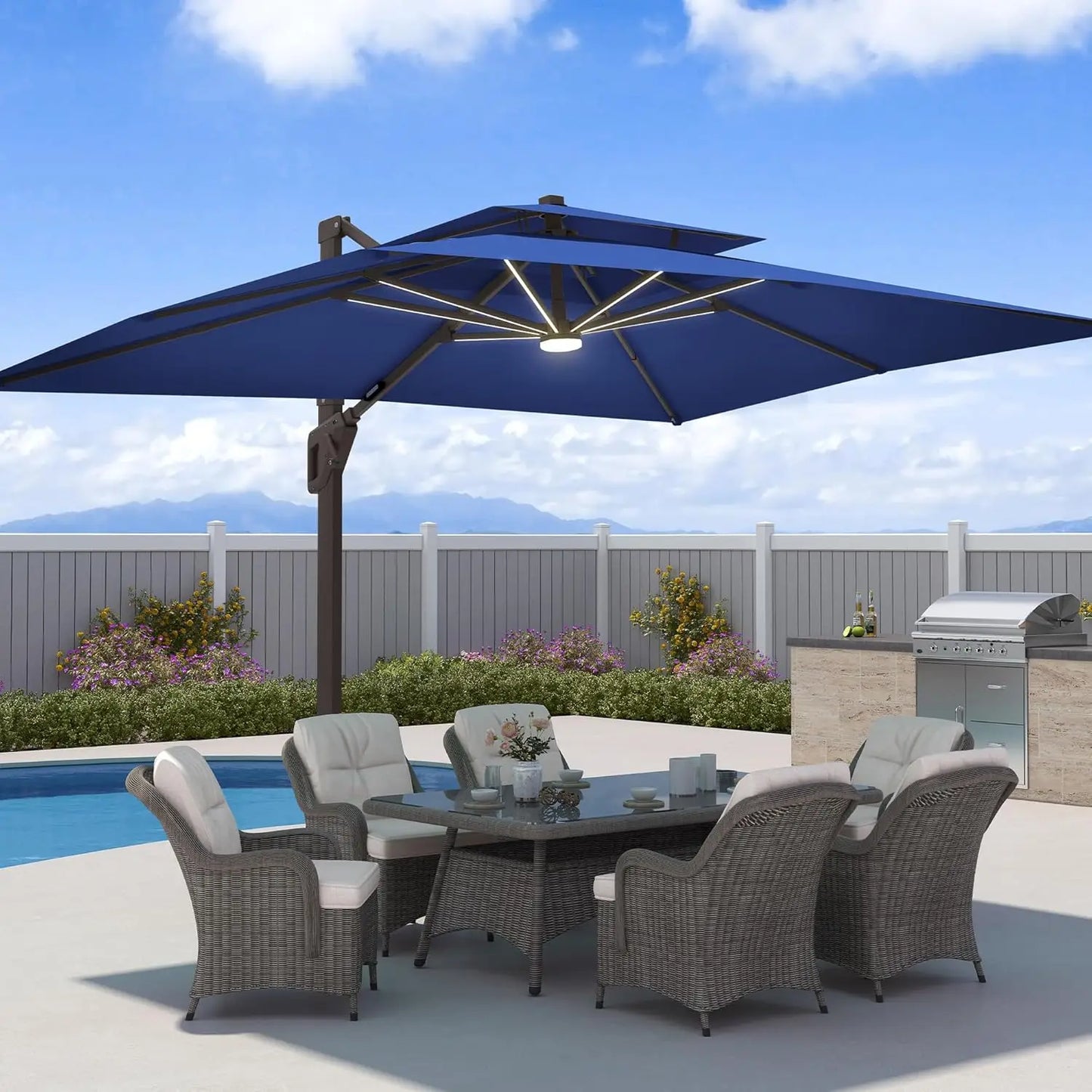 Aluminum Cantilever Patio Umbrella With LED Lights And Weighted Base